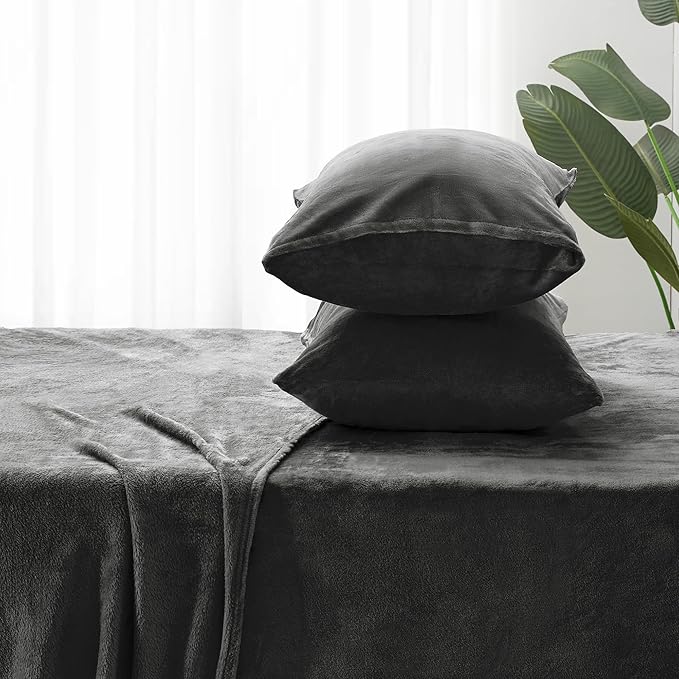BEDELITE Flannel Sheets King Size Dark Grey - Super Soft Fleece Sheets Set Fluffy Extra Plush, 4 Piece(Include Fitted Sheet, Flat Sheet, 2 Pillowcases)