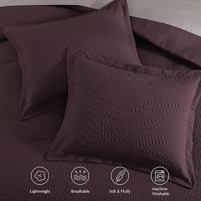Geniospin Queen Comforter Set - 7 Pieces Purple Bedding Set, Botanical Textured Comforter Set, All Season Comfortable Bed in a Bag with Comforter, Sheets, Pillowcases & Shams