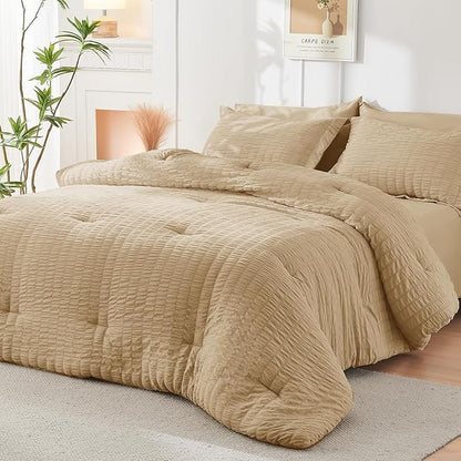 HYMOKEGE Khaki Queen Comforter Set Seersucker 7 Pieces, All Season Luxury Bed in a Bag Queen for Bedroom, Bedding Set with Comforter, Sheets, Pillowcases & Shams
