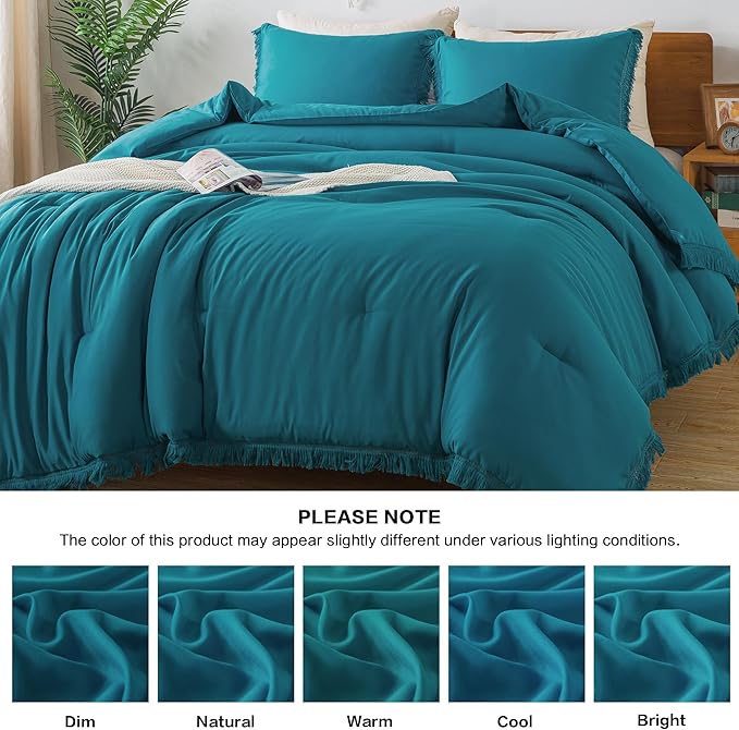 Andency Turquoise Comforter Set King, 3 Pieces Boho Teal Tassel Lightweight Bedding Comforter Sets for King Bed, All Season Bed Set (104x90In Comforter & 2 Pillowcases)