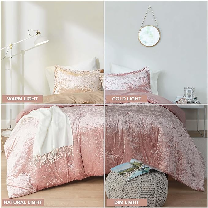Comfort Spaces Juliette Luxe Comforter Set Velvet Lush with Soft Brushed Microfiber Reverse, All Season Cozy Velvet Bedding Sets, Fluffy Comforter Bed Set, Matching Sham, Blush King 3 Piece