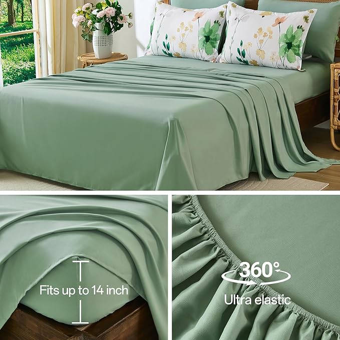 Anibedding 8Pieces King Size Comforter Set, Sage Green Watercolor Floral Queen Size Bed in a Bag Comforter Set with Pillowcase, Sheets for All Season