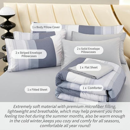 RYNGHIPY Full Size Bed Sets 8 Pieces: Light Grey Stripe Bedding Comforter Sets Soft Fluffy Microfiber Bed in A Bag All Season Bedding Set (Full,Light Grey)