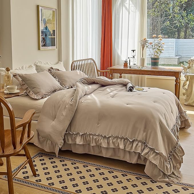 AIKASY Taupe Comforters Twin Size Set, Vintage Boho Chic Farmhouse Bedding Sets Shabby Ruffle Queen Bed Comforter Bedding 3PCS（1 Comforter and 2 Pillowcases）