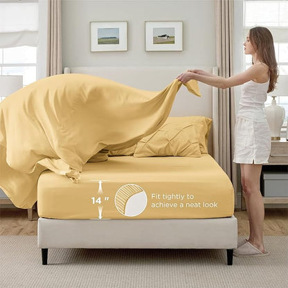 Bedsure Full Comforter Set Yellow - Bed in a Bag Full Size 7 Pieces, GentleSoft™ Pintuck Bed Set Gift for Family, Pinch Pleat Yellow Comforter with Sheets, Pillowcases & Shams