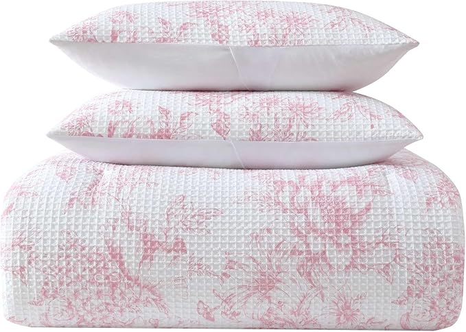 Laura Ashley - Comforter Set, Soft Poly Waffle Textured Bedding with Matching Sham, Delicate Floral Design (Delphine Pastel Pink, Twin)