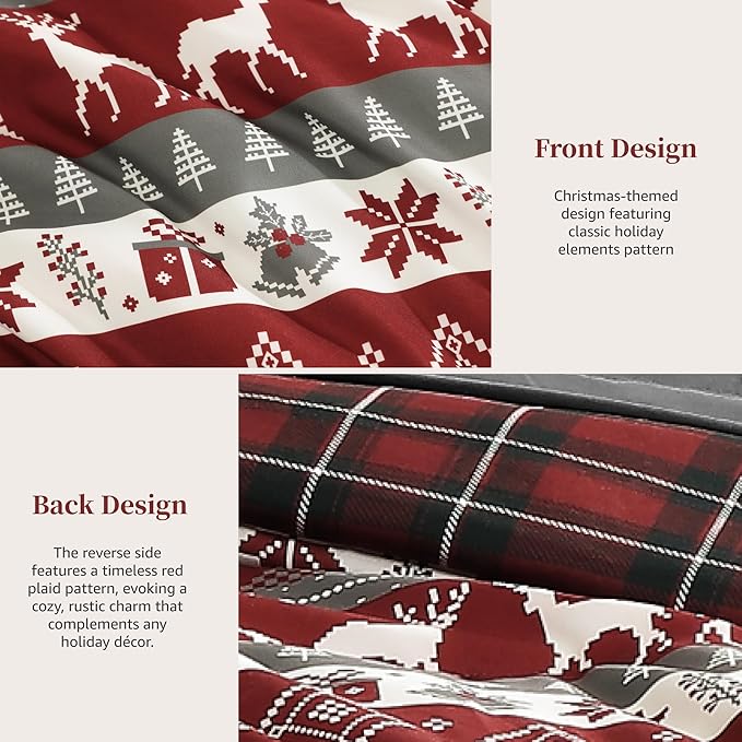 MaiRêve Christmas Twin XL Comforter Set, Red Reindeer Snowflake Bed Set for Holiday, Reversible Plaid Checkered Comforter Bed in a Bag, Soft Bedding Set 5 Pieces with Sheets, Pillowcase & Sham