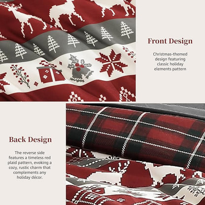 MaiRêve Christmas Queen Comforter Set, Red Reindeer Snowflake Bed Set for Holiday, Reversible Plaid Checkered Comforter Bed in a Bag, Soft Bedding Set 7 Pieces with Sheets, Pillowcases & Shams