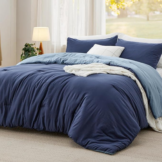 Bedsure King Comforter Set, Navy Blue Soft Prewashed Bedding for All Seasons, 3 Pieces GentleSoft™ Bed Set, 1 Lightweight Comforter (104"x90") and 2 Pillowcases (20"x36")