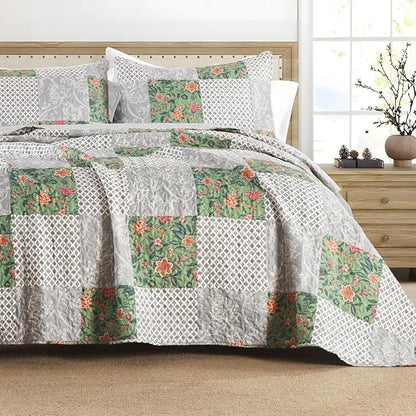Quilt Set King Size Floral Patchwork Quilted, Soft Comforter Set Bedding Sets, Coverlet Bedspread Decorative Quilts with 2 Pillow Shams 90"x104"