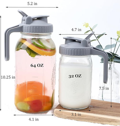 Mason Jar Pitcher Wide Mouth 32 OZ Glass Jars With Pour Spout Lids Airtight Leak-proof 1 Quart Water Pitcher With Handle For Iced Tea, Milk, Sun Tea, Lemonade, Iced Coffee