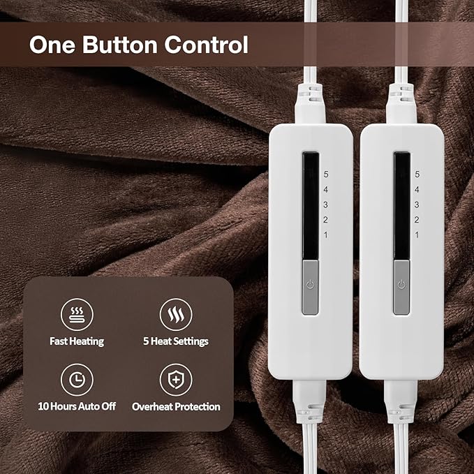 Electric Heated Blanket Queen Size 84"x90", Soft Plush Microplush for Bed, Dual Controllers & Heating Zones, 10Hs Auto Off & 5 Heating Levels, Machine Washable, Gifts for Family-Dark Brown