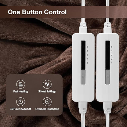 Electric Heated Blanket Queen Size 84"x90", Soft Plush Microplush for Bed, Dual Controllers & Heating Zones, 10Hs Auto Off & 5 Heating Levels, Machine Washable, Gifts for Family-Dark Brown