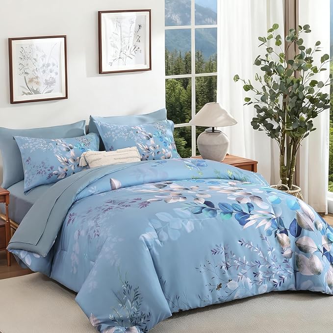 Xruibed Blue Comforter Set King Size 7 Pieces Bed in a Bag, Botanical Floral Print Bed Sets, Elegant Flower Comforter with Sheet Set, Soft Microfiber Bedding Set for All Season (Blue, 104"x90")