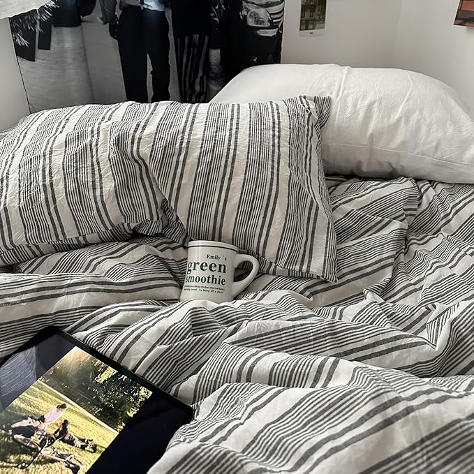 VM VOUGEMARKET Pinstripes Comforter Set Queen Washed Cotton Vertical Striped Neutral Bedding Set 1 Comforter and 2 Pillowcase (Grey White)