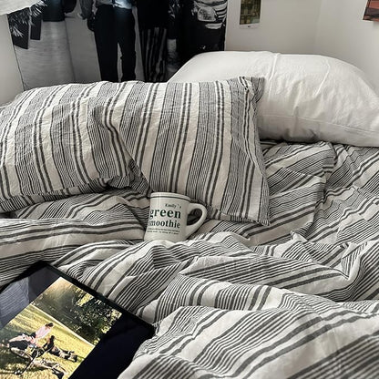 VM VOUGEMARKET Pinstripes Comforter Set Queen Washed Cotton Vertical Striped Neutral Bedding Set 1 Comforter and 2 Pillowcase (Grey White)
