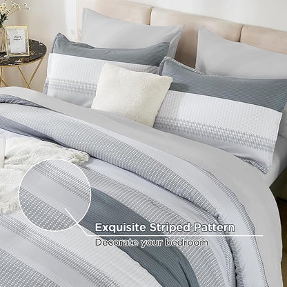 Andency Queen Size Comforter Set 7 Pieces - Light Grey Striped Lightweight Bed in a Bag, Soft Microfiber Farmhouse All Season Bedding Set with Comforter, Fitted & Flat Sheet, Pillowcases & Shams