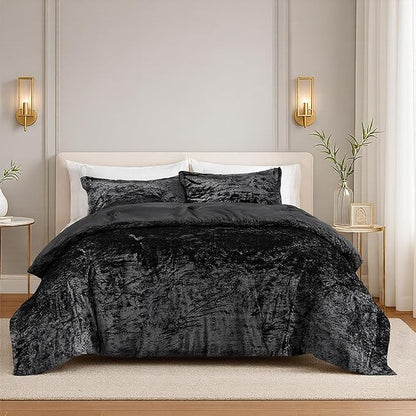 Comfort Spaces Juliette Luxe Comforter Set Velvet Lush with Soft Brushed Microfiber Reverse, All Season Cozy Velvet Bedding Sets, Fluffy Comforter Bed Set, Matching Sham, Black Twin/Twin XL 2 Piece