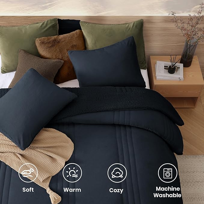 Monbix Fluffy Full Comforter Set Navy Blue, Sherpa Plush Fuzzy Comforter 3 Piece for Full Size Bed, Luxury Soft Winter Warm Bedding Set