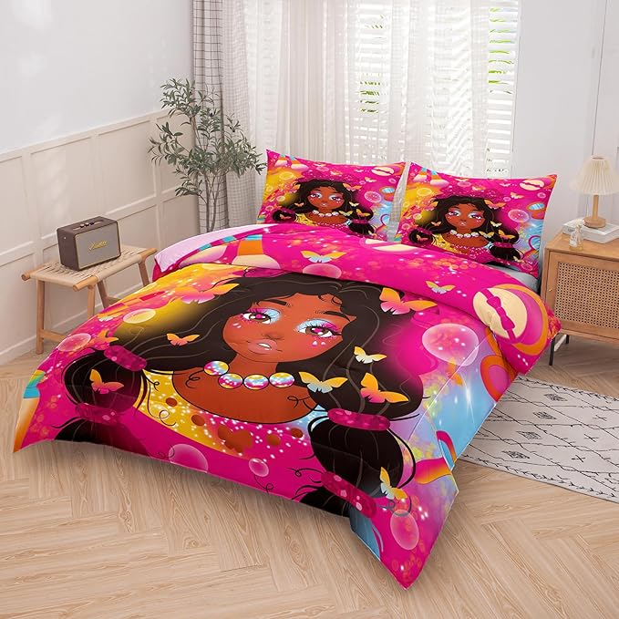 Tailor Shop Kawaii Black Girl Comforter Set Full Bedding Sets for Girls Fantasy Magic Cosmetic Pink Comforter African American Black Girl Bedding Set Girls Room Decor with 2 Pillowcases