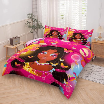 Tailor Shop Kawaii Black Girl Comforter Set King Bedding Sets for Girls Fantasy Magic Cosmetic Pink Comforter African American Black Girl Bedding Set Girls Room Decor with 2 Pillowcases