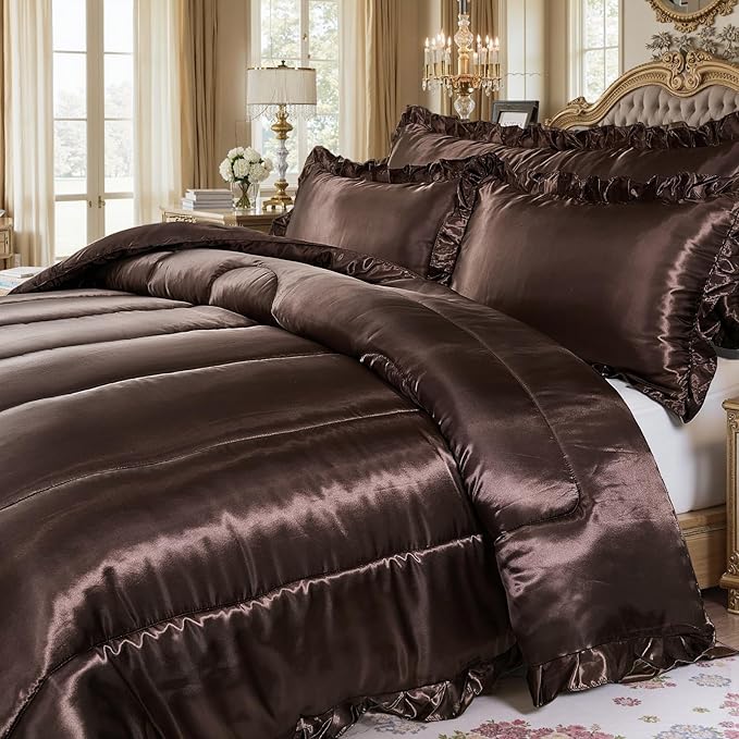 Brown Queen Comforter Silk Like Bedding 4 Pcs Hotel Soft Polyester Satin Bed Set Luxury Silky Body Pillow Cover Ruffle Home Decor