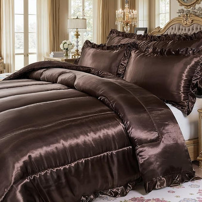 Brown Queen Comforter Silk Like Bedding 4 Pcs Hotel Soft Polyester Satin Bed Set Luxury Silky Body Pillow Cover Ruffle Home Decor