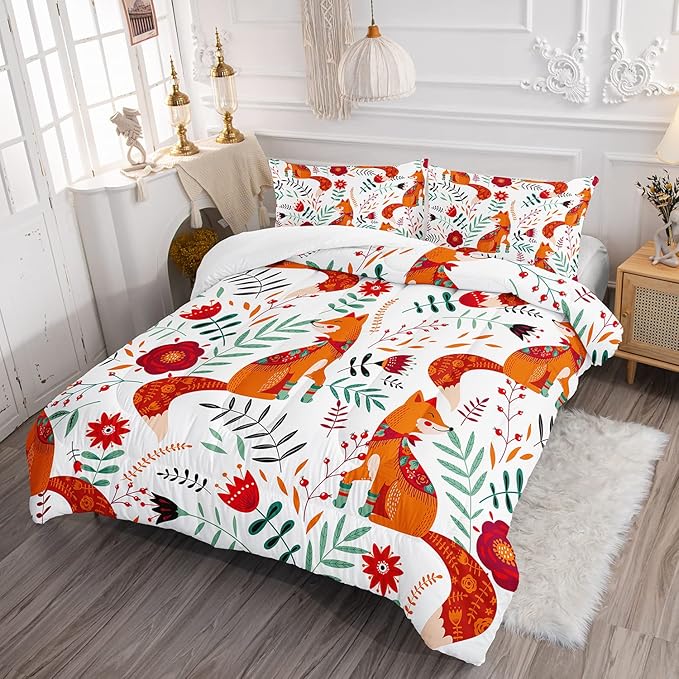 Cartoon Fox Comforter Set 3-Pieces Cute Fox Bedding Set Plants Leaves Printed Quilt Set for Kids Boys Girls with 2 Pillowcases Queen