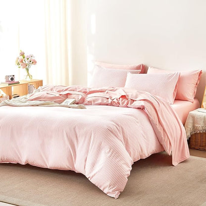 Wake In Cloud - Striped Comforter Set with Sheets, Ticking Stripe Vertical Pinstripe Neutral Farmhouse Pattern Printed, 5 Pieces Bed in a Bag, Pink White, Twin Size
