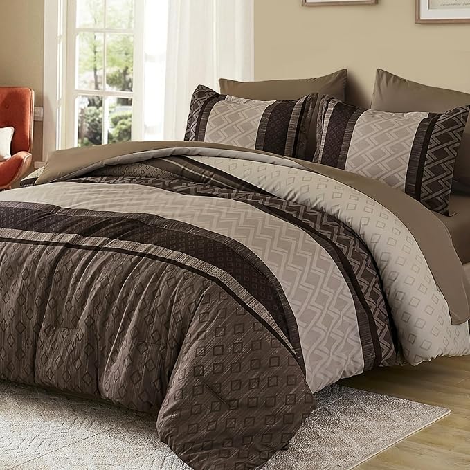 Cottolester Boho Comforter Set King Size,Light Brown Striped Bed in a Bag,7 Piece Plaid Comforter and Sheet Set,Soft Microfiber Complete Bedding Sets
