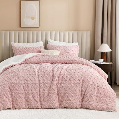 Andency Fluffy Sherpa Queen Comforter Set, Super Soft Blush Fleece Warm Bedding for Winter, Luxury Jacquard Boho Thick Fuzzy Plush Bed Set 3 Pieces(1 Shaggy Comforter, 2 Pillowcases)