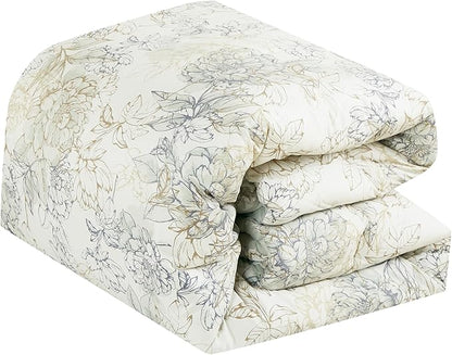 Chezmoi Collection Clematis 3-Piece Tranquil Floral Comforter Set Queen - Soft Green Gray Floral Printed Microfiber Lightweight Bedding Set for All Season