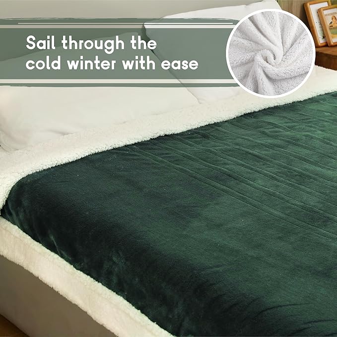 Heated Blanket Electric Throw Size 50''x60'' with 9 Heating Levels, 1-10 Hour Auto Shut Off, Machine Washable, Flannel & Sherpa Double-Sided Soft Warming Blanket for Couch, Bed, Office - Grass Green