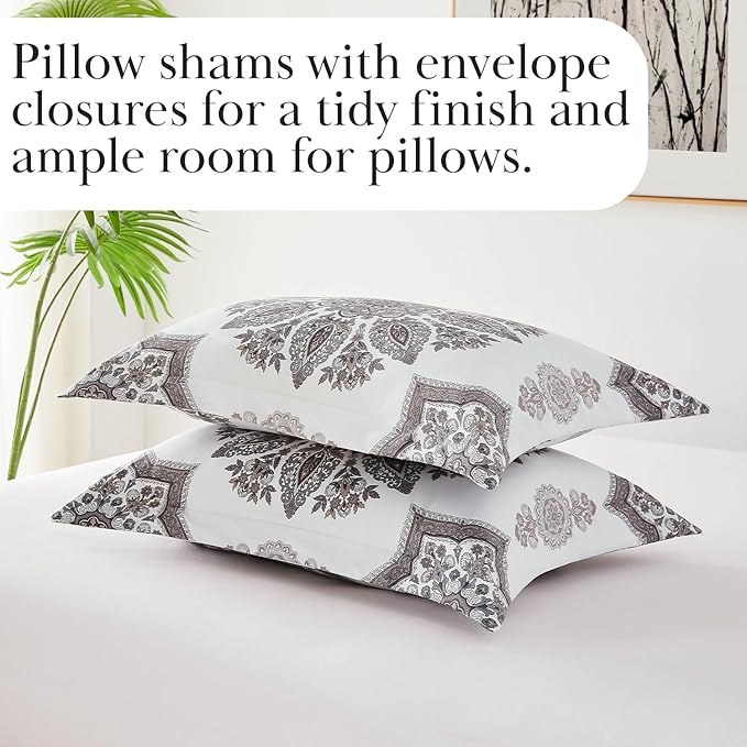 Southshore Fine Living, Inc. Oversized Comforter Full Size Set, Down Alternative Boho Bedding, Paisley Floral Print Bed Spread, Full Size/Queen with 2 Matching Shams, Grey on White
