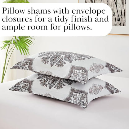 Southshore Fine Living, Inc. Oversized Comforter Full Size Set, Down Alternative Boho Bedding, Paisley Floral Print Bed Spread, Full Size/Queen with 2 Matching Shams, Grey on White