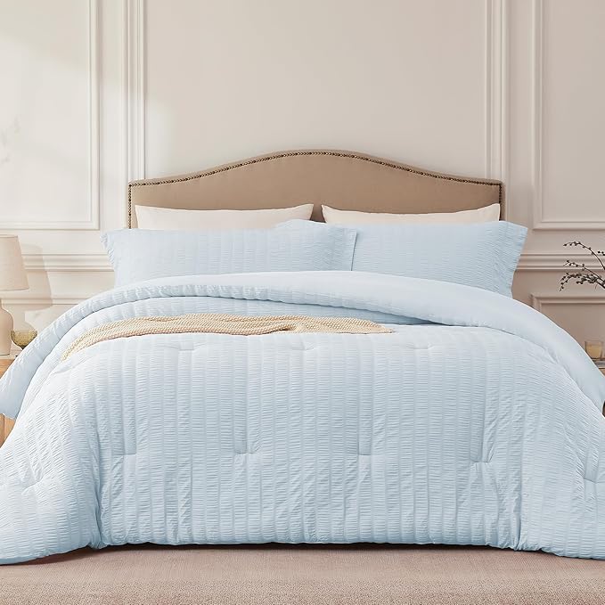 SkyBlue California King Comforter Set - 3 Pieces Seersucker Lightweight Bedding Comforter Sets (1 Soft Fluffy Comforter & 2 Pillowcases) - All Seasons Cozy Modern Bed Sets
