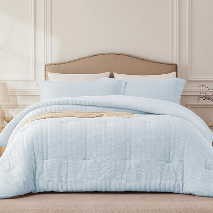 SkyBlue California King Comforter Set - 3 Pieces Seersucker Lightweight Bedding Comforter Sets (1 Soft Fluffy Comforter & 2 Pillowcases) - All Seasons Cozy Modern Bed Sets