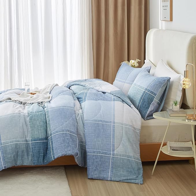 mixinni Blue Gingham Comforter Set Queen, Plaid Comforter Set 3 Pieces 1 Blue Grid Comfoter with 2 Pillow Cases for All Seasons, Soft Fluffy Modern Grid Pattern Printed Bedding-Queen Size