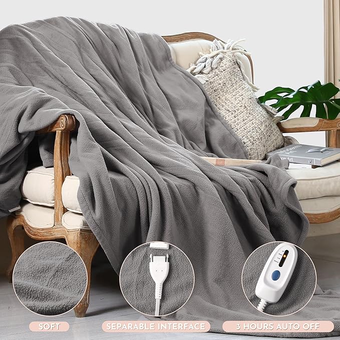 Electric Heated Blanket 84"x90" Queen Size Microplush Cover Blanket 4 Heat Settings & 10 Hours Auto Off, Cozy & Breathable, Warm All Night, Light Grey