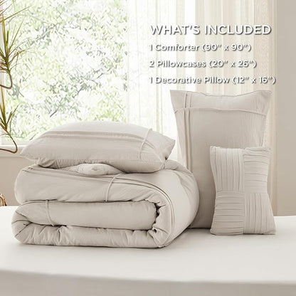 Bedsure Beige Queen Comforter Set - 4 Pieces Grid Pleated Bed Set, Down Alternative Bedding Sets for All Season, 1 Comforter, 2 Pillowcases, 1 Decorative Pillow