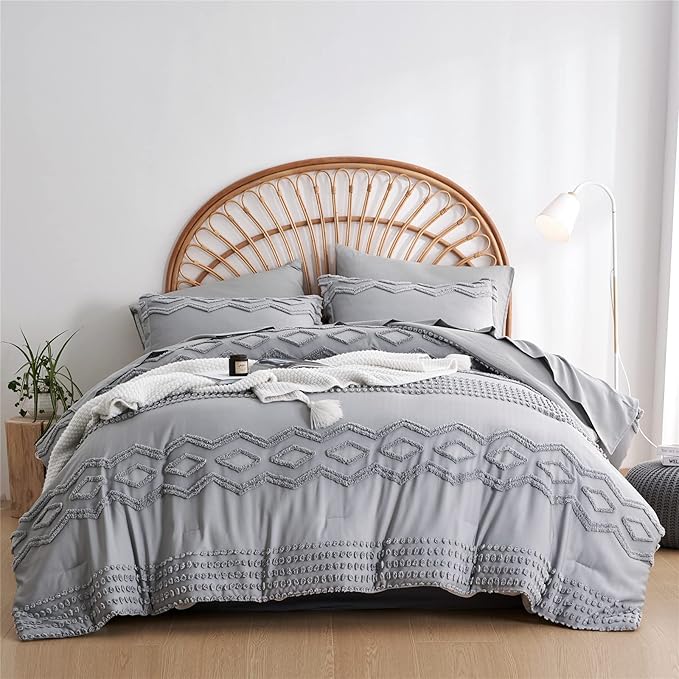 KAKIJUMN Grey Tufted Comforter Set King Size 7 Piece Bed in a Bag, Shabby Chic Boho Comforter and Sheet Set, Pom Pom Textured Bed Set, All Season Soft Microfiber Complete Bedding Set(Grey,King)