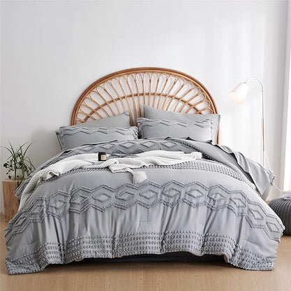 KAKIJUMN Grey Tufted Comforter Set King Size 7 Piece Bed in a Bag, Shabby Chic Boho Comforter and Sheet Set, Pom Pom Textured Bed Set, All Season Soft Microfiber Complete Bedding Set(Grey,King)