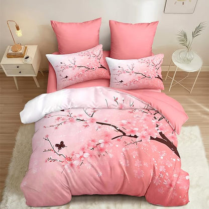 Cherry Blossom King Comforter Set Pink Floral Bedding Set for Women Girls Japanese Flower Decor Quilt Set - 3Pcs Soft Fluffy Microfiber with 2 Pillowcases(104 * 90)