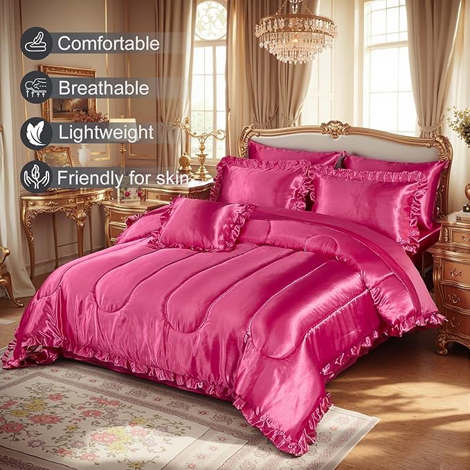 Bedding_Dreamer Queen Size Satin Bed in a Bag Hot Pink Bedding Set Silk Like Silky Comforter Set Sexy Silky Sheet Set Luxury Hotel Room Decor Womens Girly Bed Sets Ruffled Gothic Down Comforter 8 Pcs