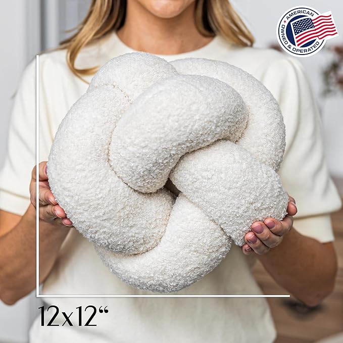 SAMIAH LUXE Cream White Knot Pillow Ball 12" for Home Decor Living Room, Teddy Boucle Knotted Decorative Pillows for Couch, Knot Throw Pillows for Living Room Decor, Sensory Knotted Circle Pillow