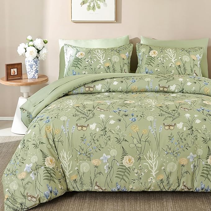 Yiran Sage Green Floral Comforter Set Queen Size, 7 Piece Botanical Comforter Bedding Set, Farmhouse Bed in a Bag, Soft Microfiber Complete Bedding Set with Sheets for All Season