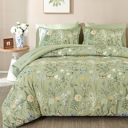 Yiran Sage Green Floral Comforter Set King Size, 7 Piece Botanical Comforter Bedding Set, Farmhouse Bed in a Bag, Soft Microfiber Complete Bedding Set with Sheets for All Season