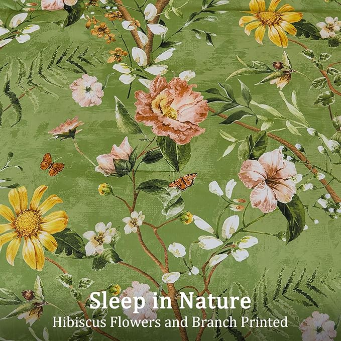 Yiran Sage Green Hibiscus Floral Comforter Set Queen Size, 7 Piece Bird Flowers Botanical Comforter Bedding Set, Vintage Bed in a Bag, Soft Microfiber Complete Bedding Set with Sheets for All Season