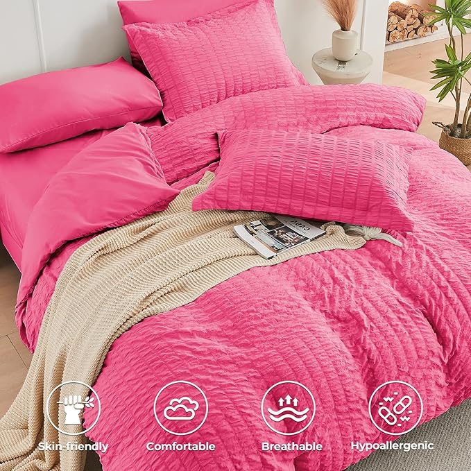 HYMOKEGE Hot Pink King Size Comforter Set Seersucker 7 Pieces, All Season Luxury Bed in a Bag for Bedroom, Bedding Set with Comforter, Sheets, Pillowcases & Shams