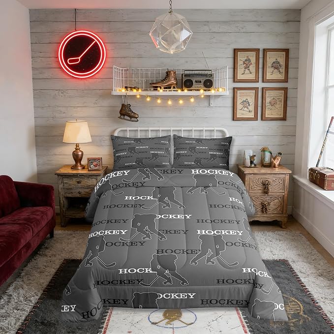 Manfei Hockey Players Girls Bedding Set Twin Size, Comforter Set,Ball Activity Game Quilt Comforter Girls Boys Teens,Gray Room Decor All Season,1 Pillowcase